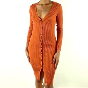 Button Down Orange Knit Bodycon Dress